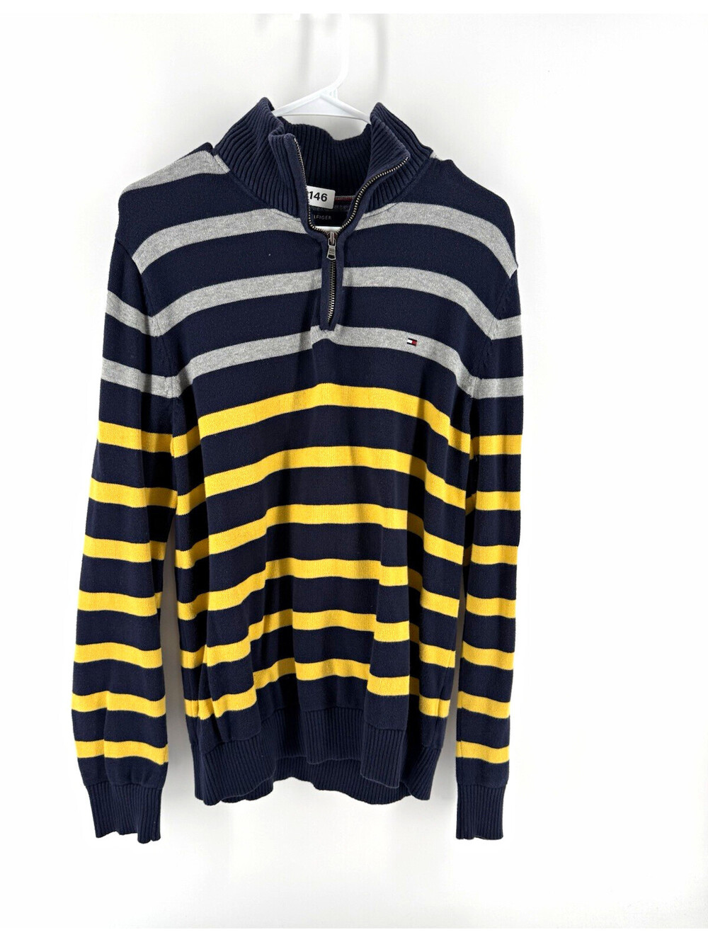 Tommy Hilfiger Mens Navy Gray Yellow Striped Mock Neck 1/4 Zip Knit Sweater